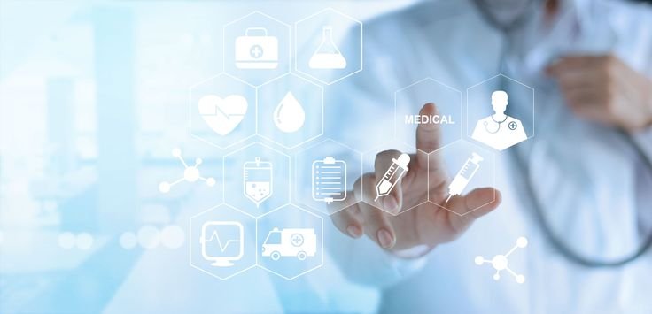 Doctor touching white icon medical on virtual screen, medical technology network concept